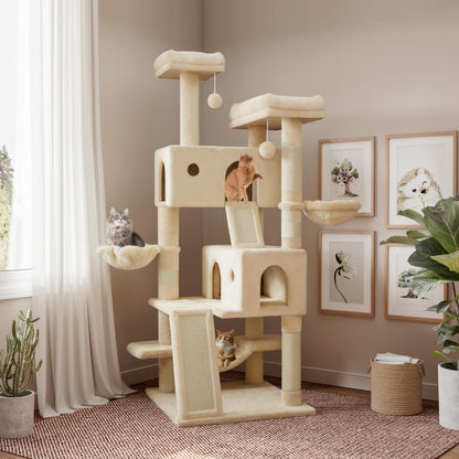 SHA CERLIN 65in Larger Cat Tree Tower Condo for Indoor Kitties/Multi-Level Furniture Activity Center with Wide Base/Cozy Plush Cat Perches/Baskets/Sisal Scratching Posts and Hammock/Beige