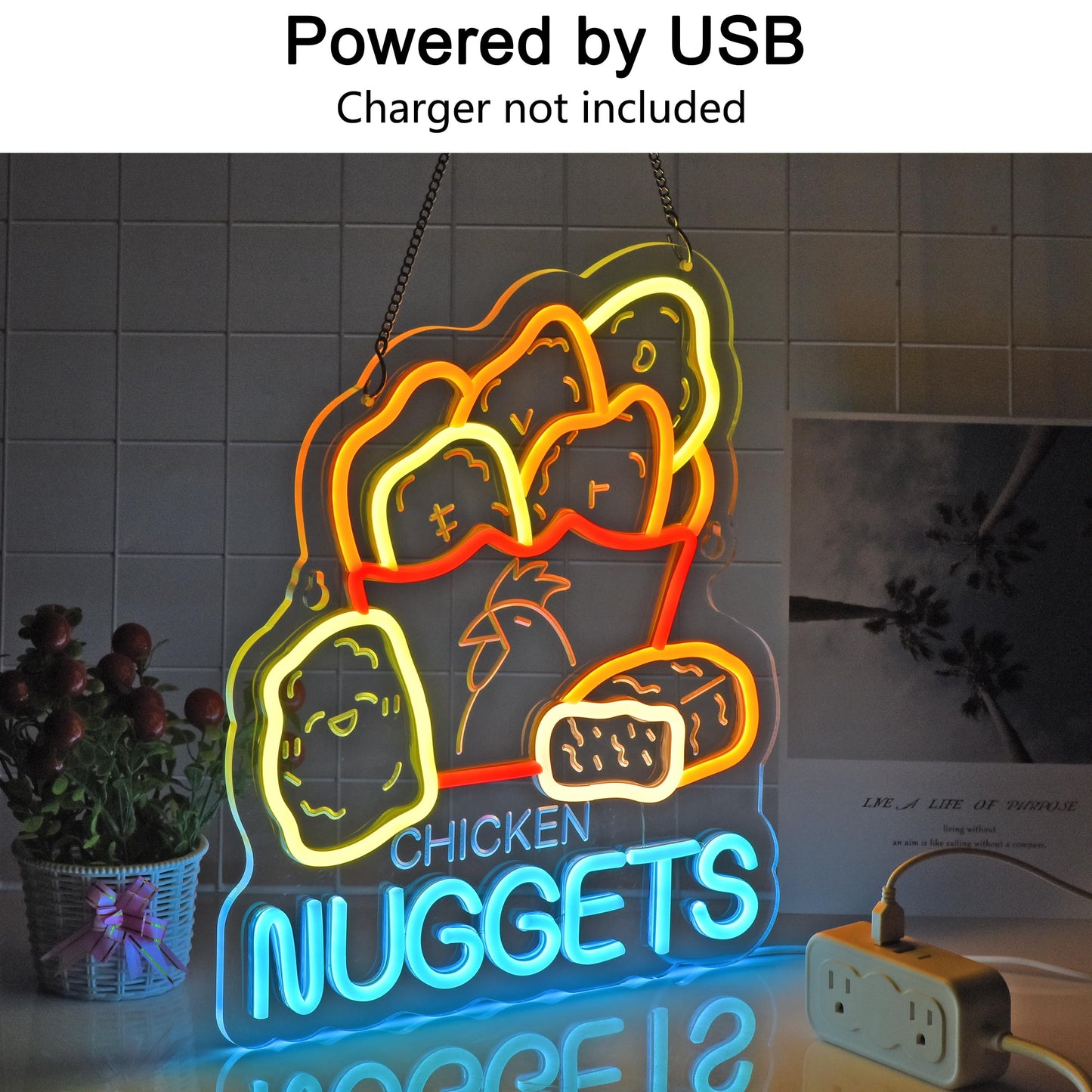 JOMOBUTY Chicken Nuggets Neon Sign, Neon Lights Hanging Wall Art Decoration for Business Restaurant Shop Store House Bar Cafe Party Home Decor, USB Powered Ultra Bright Dimmable,14.57×12.6inches