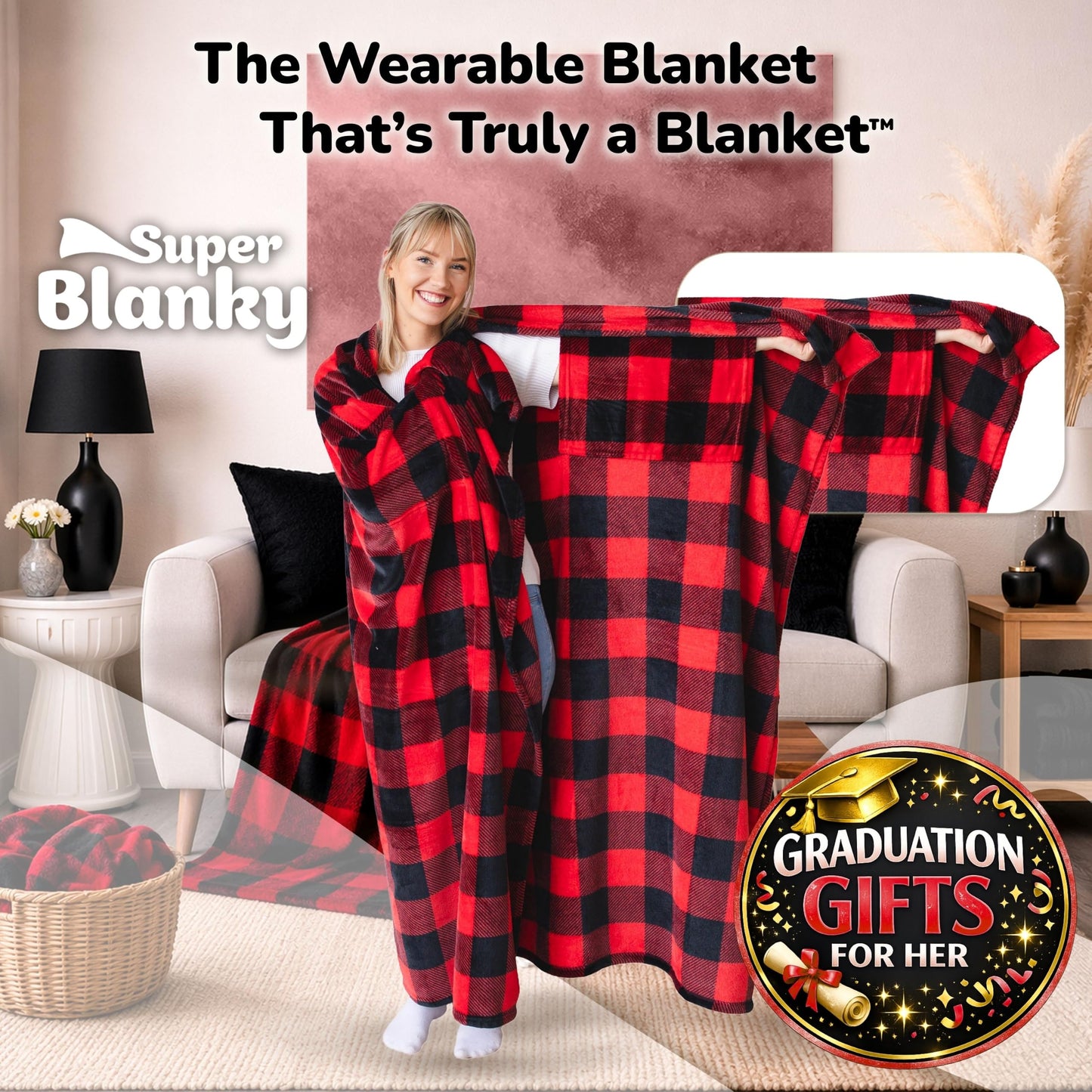 Super Blanky Wearable Blankets for Women, Comfy Wearable Blanket Men, Cozy Gifts for Women, Dorm Room Essentials, Graduation Gift for Her Girlfriend, Gifts for Wife Birthday Gift Ideas, Red Checkered