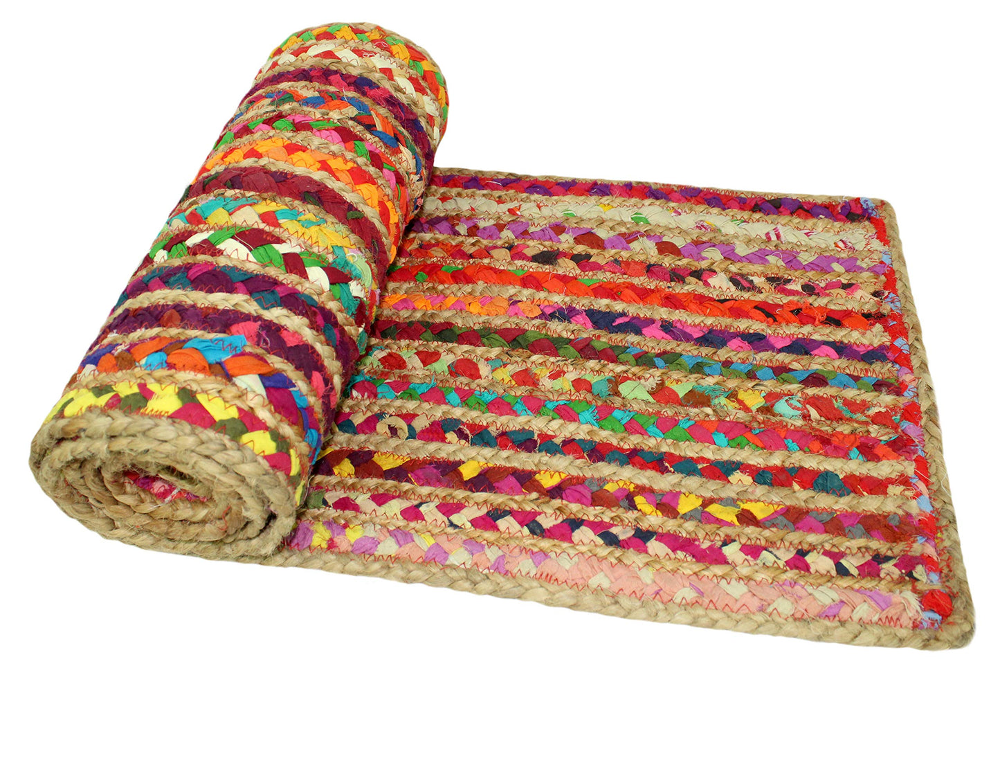 COTTON CRAFT Jute Chindi Table Runner - Braided Handwoven Reversible Tablerunner - Summer Fall Harvest Holiday Festive Party Boho Rustic Farmhouse Dining Kitchen Tabletop - 13 x 72 inch - Multicolor
