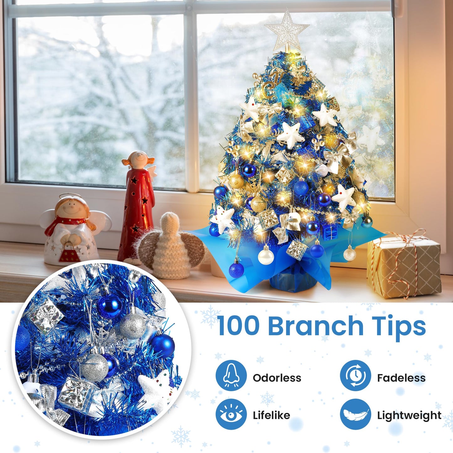 2FT Mini Christmas Tree, Blue Tabletop Christmas Tree, Prelit Small Christmas Trees with 60 LED Lights, 100 Lifelike Branches, 73 Ornaments, Artificial Xmas Tree for Home Indoor Decor