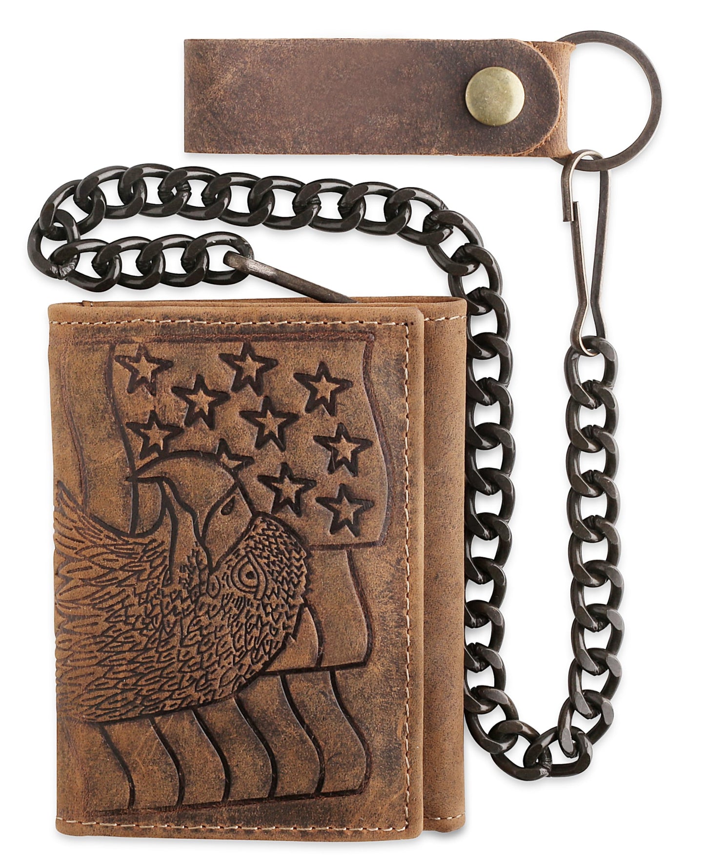 F&L CLASSIC RFID Blocking Men's Tri-fold Vintage Biker Cowhide Leather Steel Chain Wallet,Snap closure, brown,eagle flag,315-101