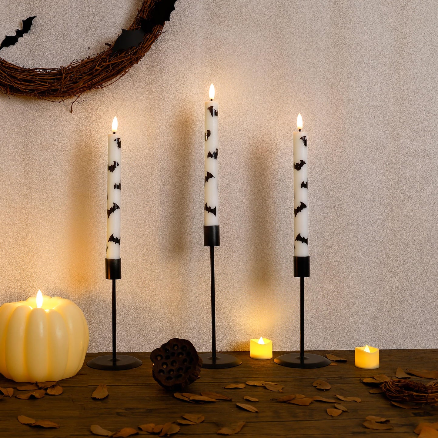 SEHNSY Halloween Flameless Taper Candles with Remote and Timer, 4 Pack Bat LED Flickering 3D Flame Real Wax Candles, Battery Operated Halloween Table Decor for Spooky Indoor Displays