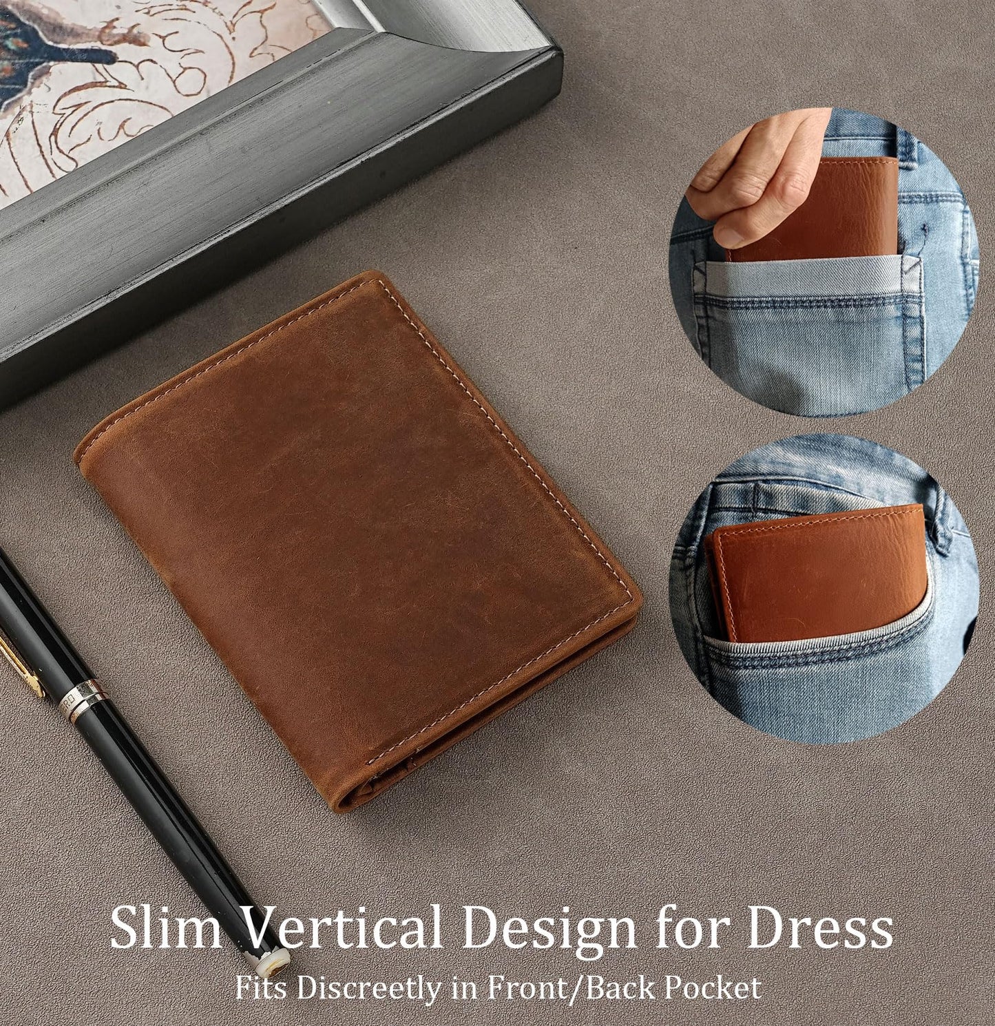 LnxLtw Bifold Vertical Wallet for Men - Slim Leather RFID Blocking Front Pocket Design with ID Window & 2 Cash Pockets | 4.5"x3.7"x0.7" Thin 7 Card Slots Wallets Organizer | Gift Box (Brown)