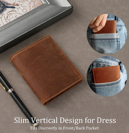 LnxLtw Bifold Vertical Wallet for Men - Slim Leather RFID Blocking Front Pocket Design with ID Window & 2 Cash Pockets | 4.5"x3.7"x0.7" Thin 7 Card Slots Wallets Organizer | Gift Box (Brown)