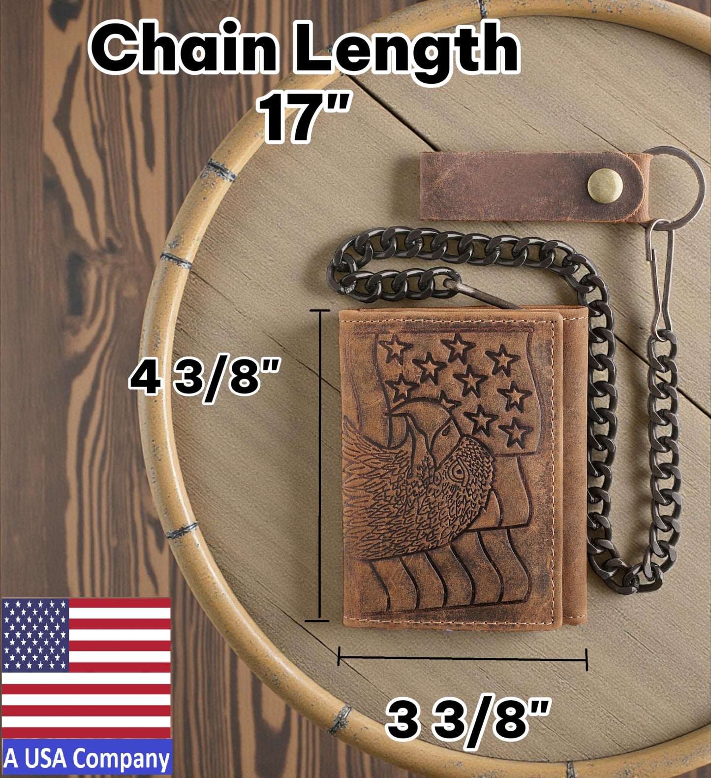 F&L CLASSIC RFID Blocking Men's Tri-fold Vintage Biker Cowhide Leather Steel Chain Wallet,Snap closure, brown,eagle flag,315-101
