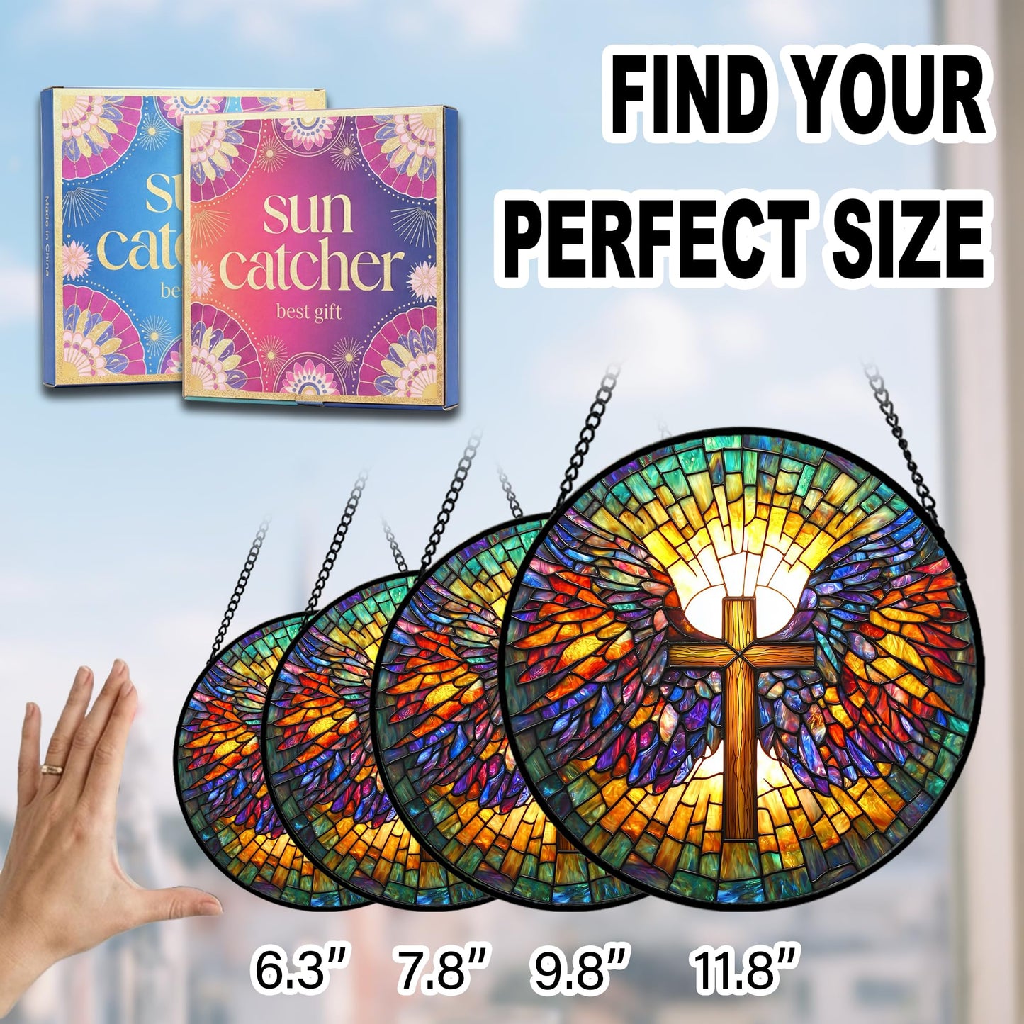 Christian Gifts for Mom - Cross Wings Faux Stained Glass Window Hanging Sun Catcher for Acrylic Home Decor Mother's Day Christmas Easter Religion Gift for Women Nana Men Grandma Wife Dad 7.8"