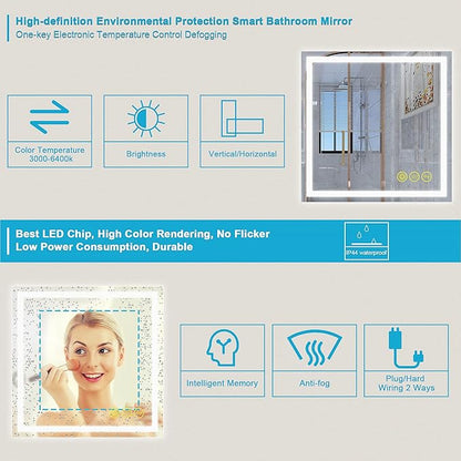 Wall-Mounted LED Square Bathroom Mirror, Makeup Mirror (36 inches x 36 inches,) 3 Color Stepless Dimmable Memory Bathroom Vanity Mirror with Lights CRI90 Smart Mirror with Touch