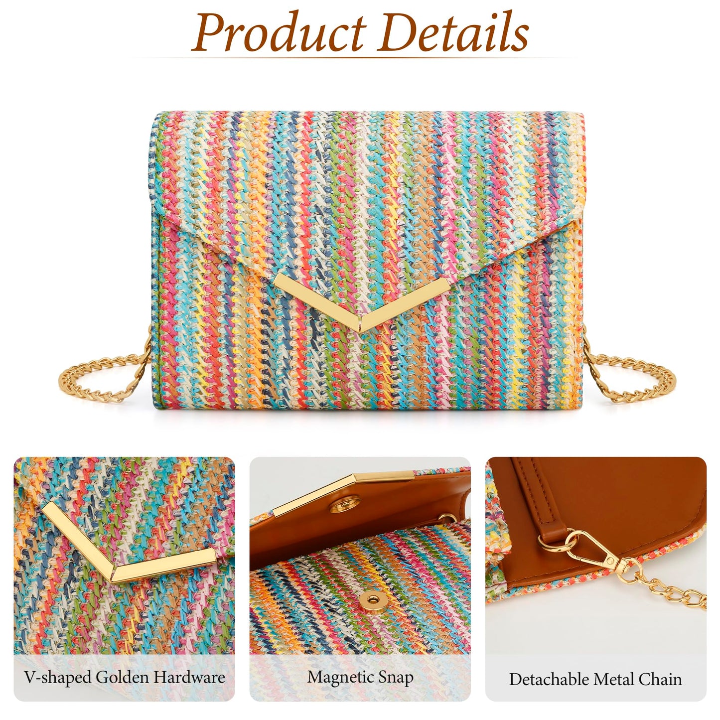 KKXIU Women Straw Envelope Clutch - Woven Handbags for Wedding Party Beach Summer, Purses for Women with Detachable Chain Shoulder Strap
