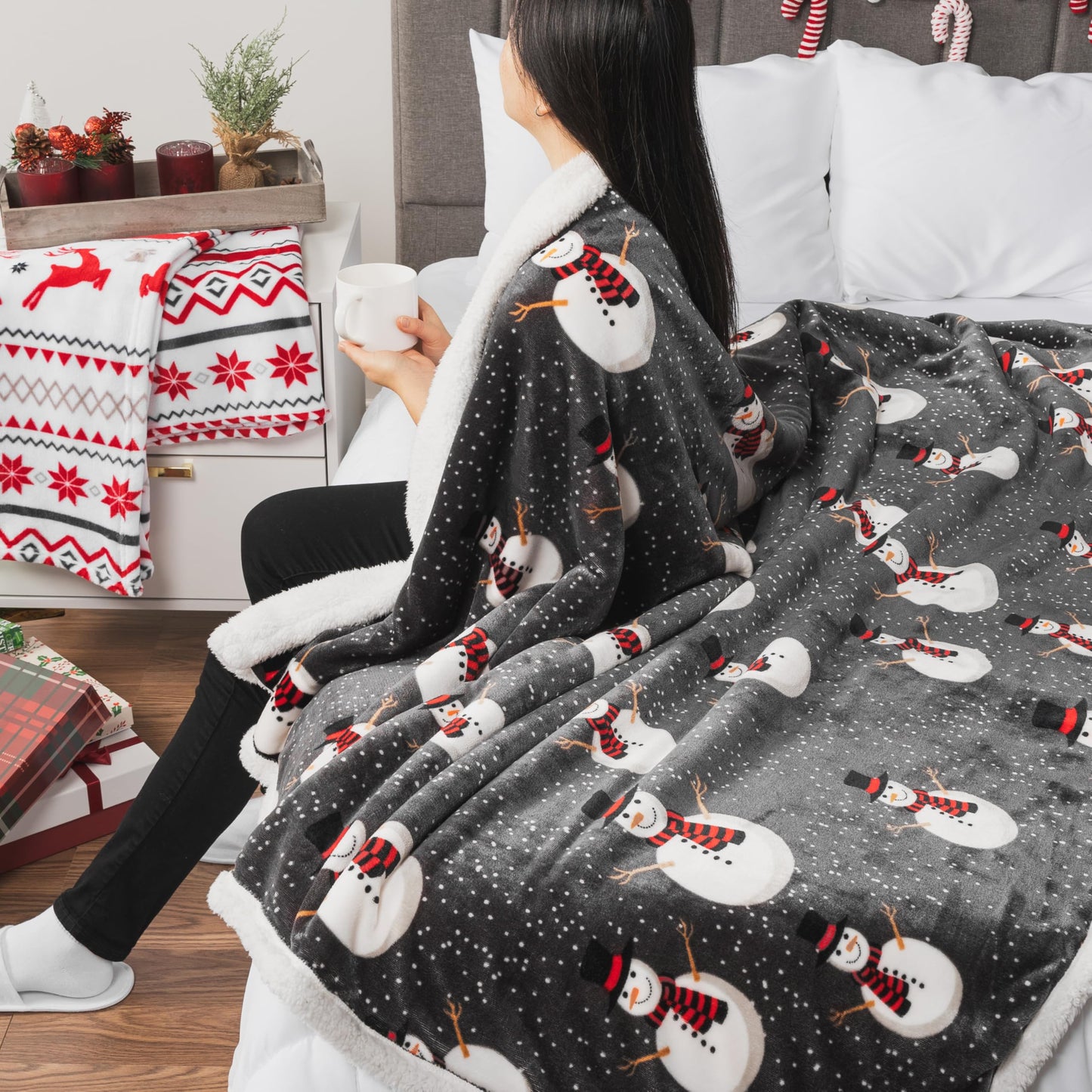 PAVILIA Premium Christmas Sherpa Throw Blanket, 50x60, Grey Snowman Cozy Fleece Holiday Blanket, Reversible Plush Winter Throw for Couch & Bed, Ultra Soft Warm