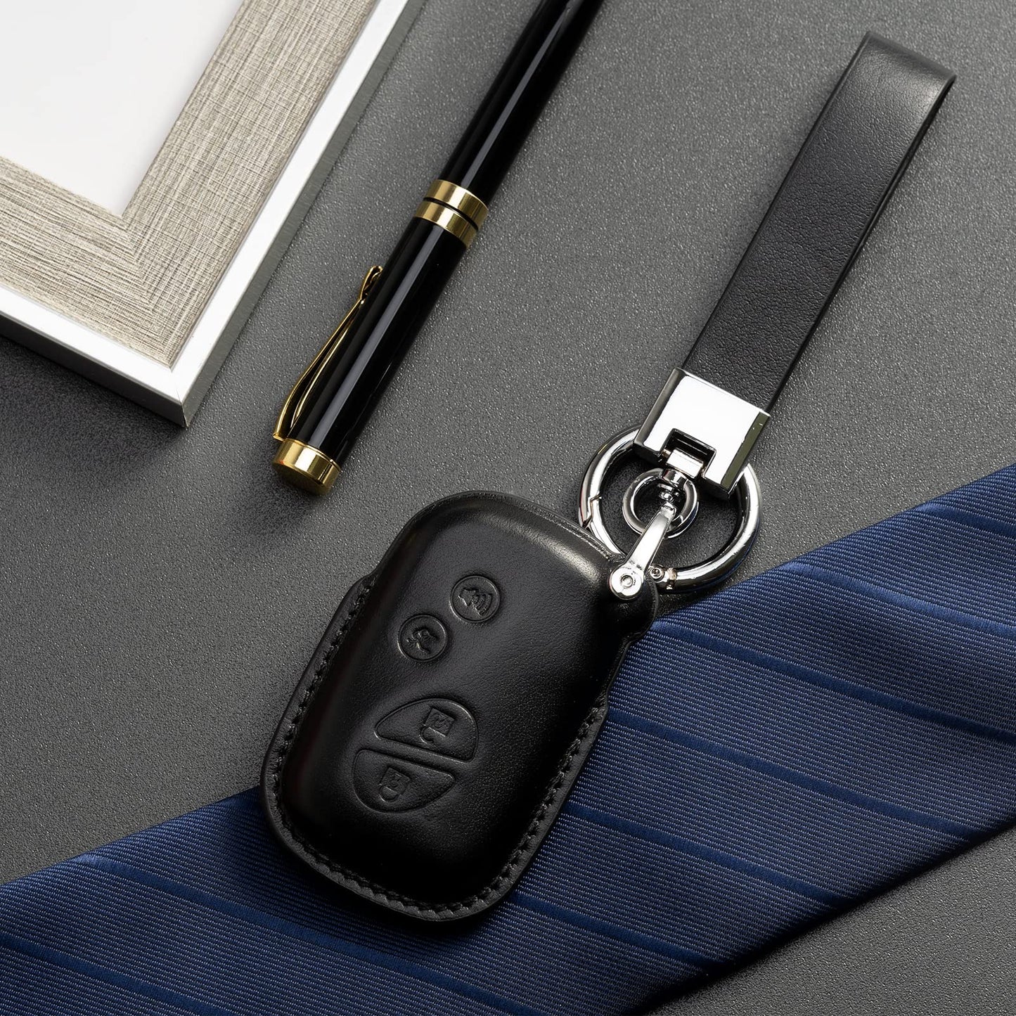Smyfob Black Leather Keychain and car Key fob Cover Compatible with Lexus Shell Holder case Gifts Accessories ES250 ES300h ES350 IS300 IS350 NX300 RC F RC300 RC350 RX350L RX450h RX450hL