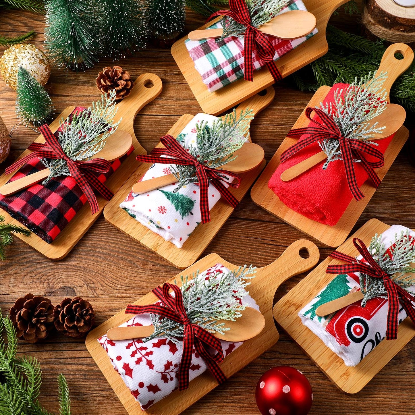Leinuosen 6 Sets Christmas Cutting Board Set Christmas Kitchen Gifts Bulk Charcuterie Boards with Cooking Spoons Red Buffalo Check Towels Ribbon and Pine Gift for Holiday Housewarming(Classic)