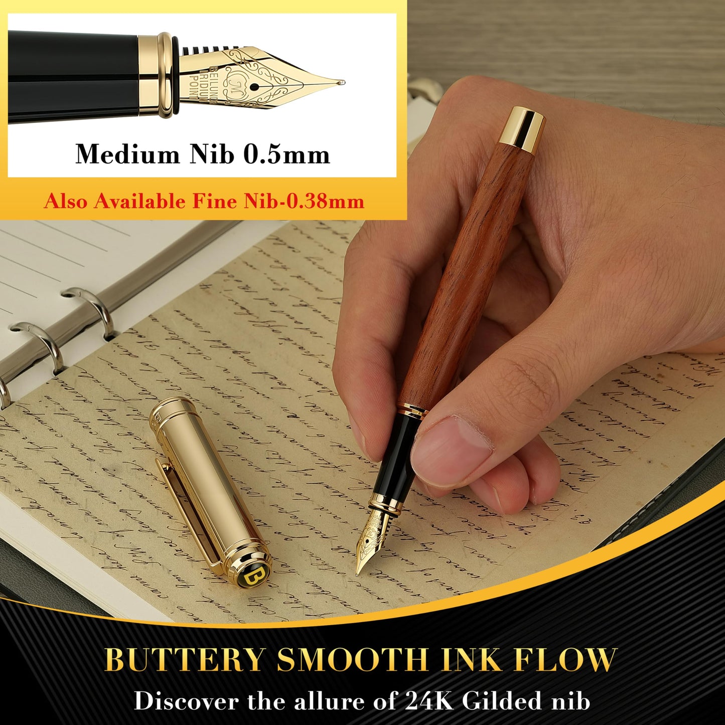 BEILUNER 316 Fountain Pen,Stunning Luxury Rosewood,24K Gilded Nib(Medium),Gorgeous 24K Gold Finish, Ink Converter,Best Gift for Men&Women-Fancy,Executive,Nice Pens for Writing, RD-M