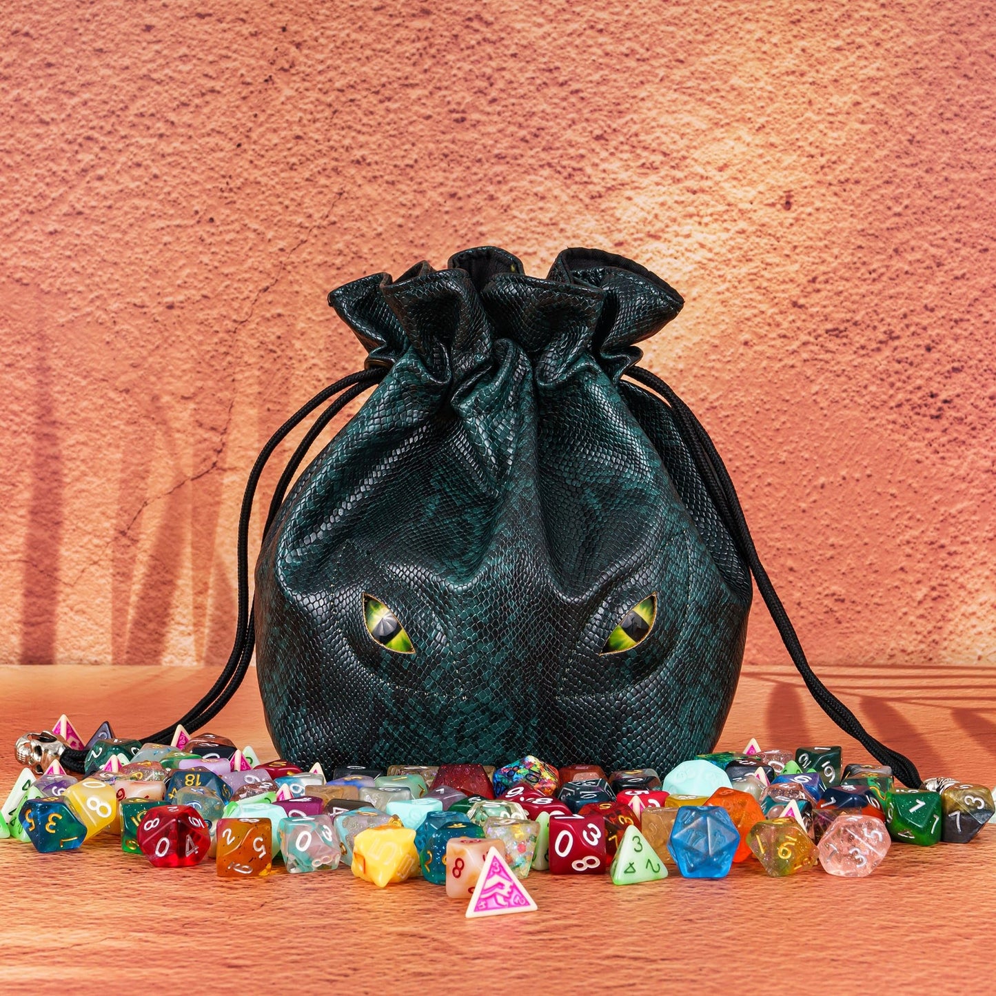 KSNDie Large DND Dice Bag Leather Dice Storage Bag Dark Green D&D Drawstring Pouch with Pockets for RPG Table Games - Can Hold 200+ Polyhedral Dice