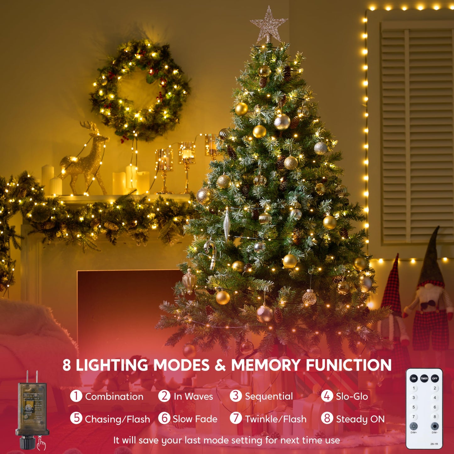 Joiedomi 1200 LED Christmas Lights Outdoor,394 FT Warm White Christmas Tree Lights with 8 Modes Timer, PVC Green Wire String Lights with Reel for Indoor Outdoor Holiday Xmas Eve Night Decorations