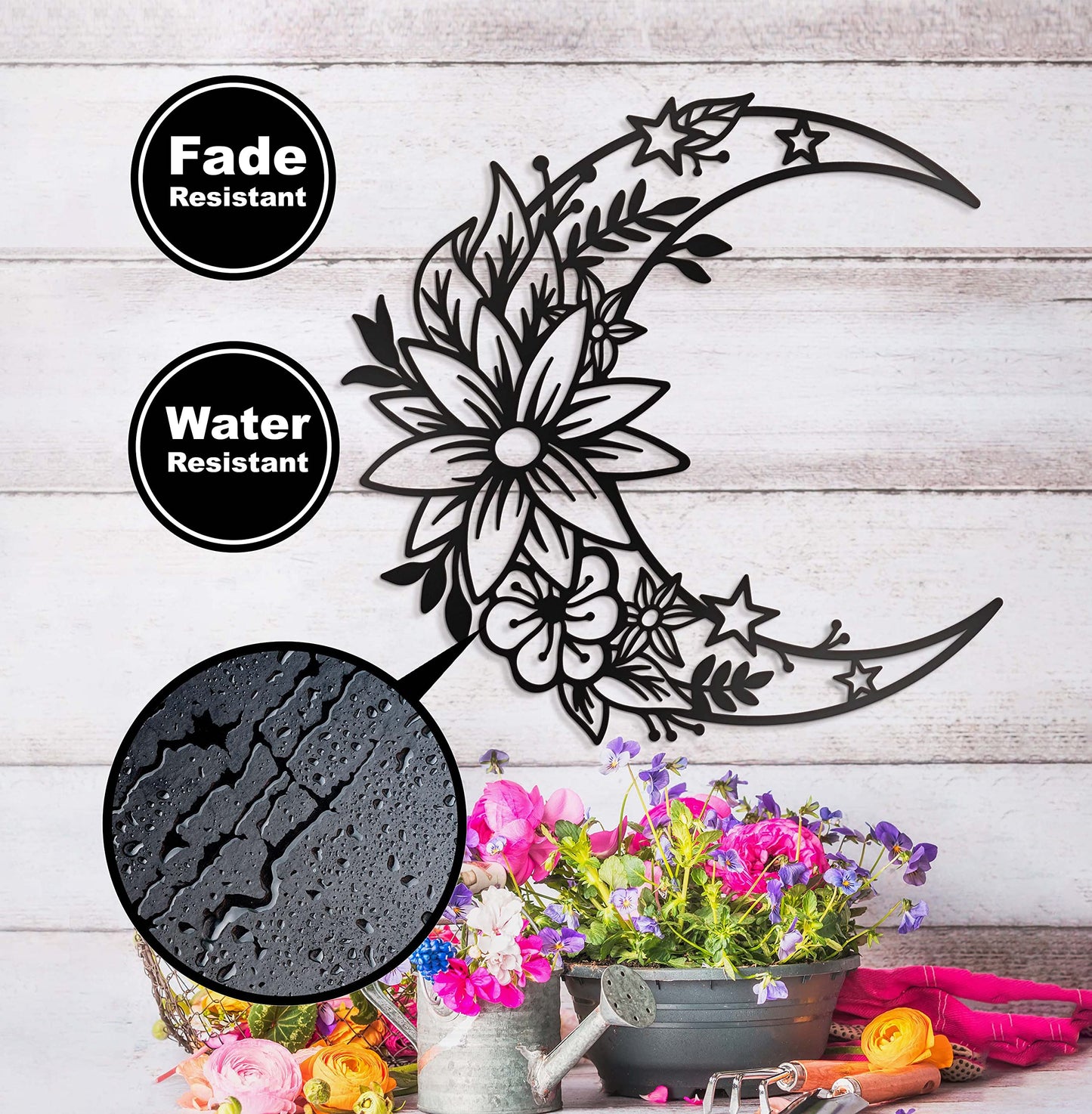 Vivegate Moon Metal Floral Art Decor - 14"X13.5" Black Boho Large Floral and Star Phase Wall Signs for Half Moon Flower Sculpture Hanging Wall Decor for Bedroom