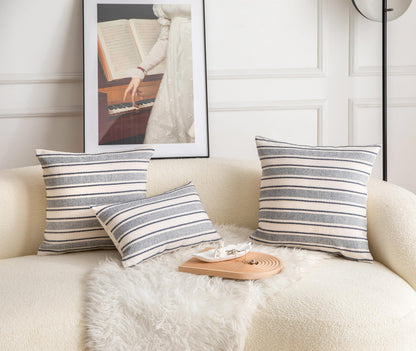 Cethom Decorative Boho Throw Pillow Covers, Farmhouse Textured Pillow Case, 20 x 20 Inch Set of 2, Chair Sofa Bedroom Living Room Decor Couch Cushion Case, Navy Blue and Beige Striped