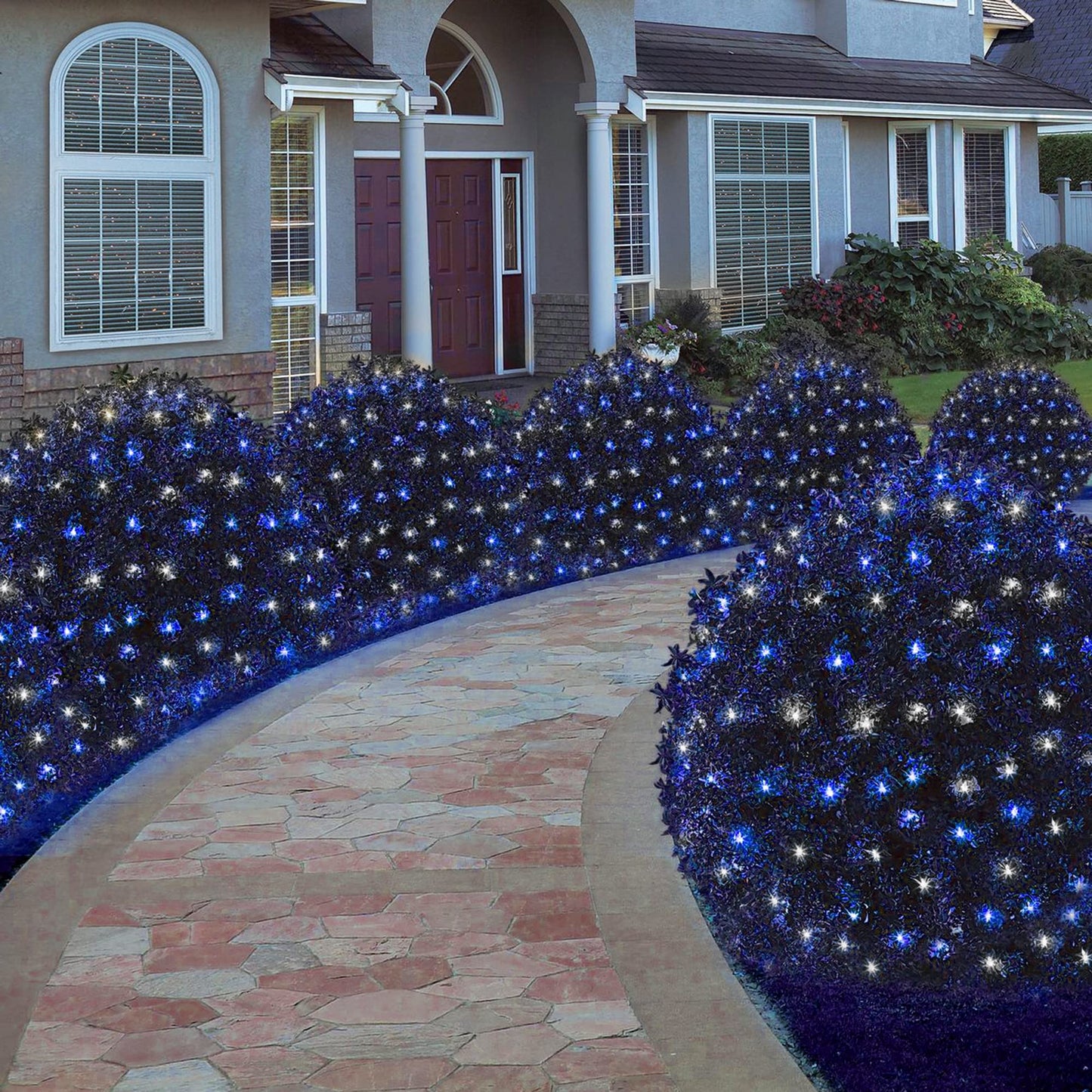 kemooie Outdoor Christmas Net Lights, 198 LEDs 9.8FT x 6.6FT Net Light, Connectable 8 Twinkle Modes Hanging Mesh Lights for Garden Bush Window Christmas Decorations (Blue&White)
