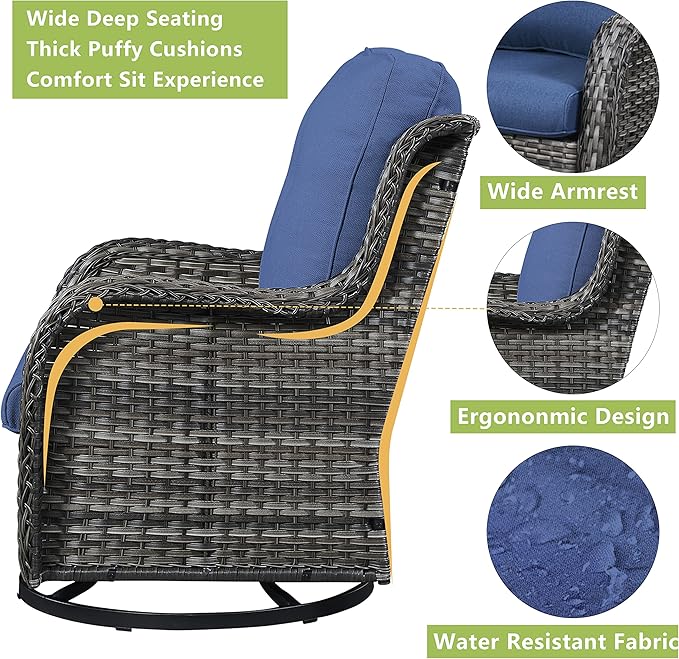 Rilyson Wicker Patio Furniture Set - 7 PC Rattan Outdoor Sectional Conversation Sets with 2 Rocking Swivel Chairs,2 Ottomans,1 Sofa,1 Loveseat and 1 Coffee Table for Porch Deck(Mixed Grey/Blue)