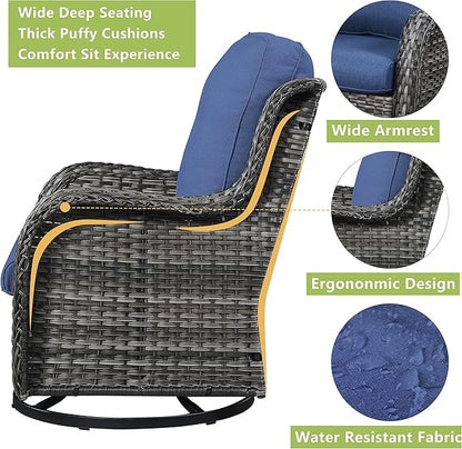 Rilyson Wicker Patio Furniture Set - 5 Piece Rattan Outdoor Sectional Conversation Sets with 2 Swivel Rocking Chairs,2 Ottomans and 1 Side Table for Porch Deck Garden(Mixed Grey/Blue)