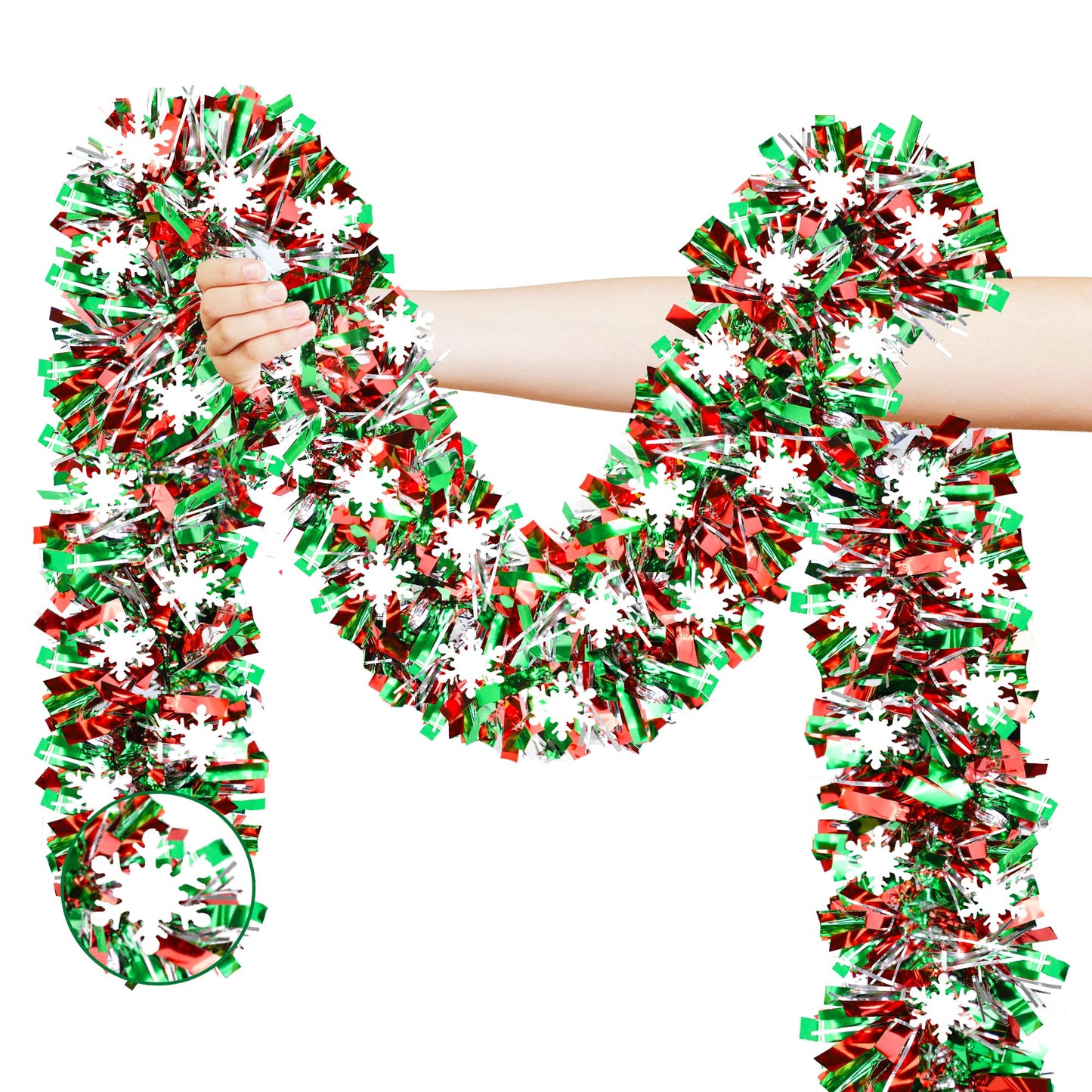 50 FT Christmas Decorations, Christmas Tinsel Garland with Snowflake Shiny Metallic Twist Red Green Silver Christmas Garland for Home Tree Mantle Stairs Indoor Outdoor Xmas Party Decorations