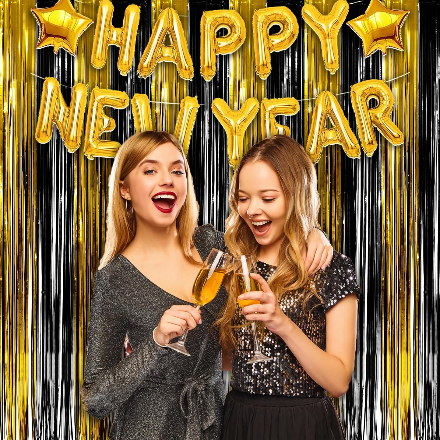 Black and Gold Party Streamers Decoration - GREATRIL Foil Fringe Backdrop for 2026 NYE/Anniversary/Farewell/Cocktail/Prom/EID/Birthdays - 3.2ft X 8.2ft - 2 Packs