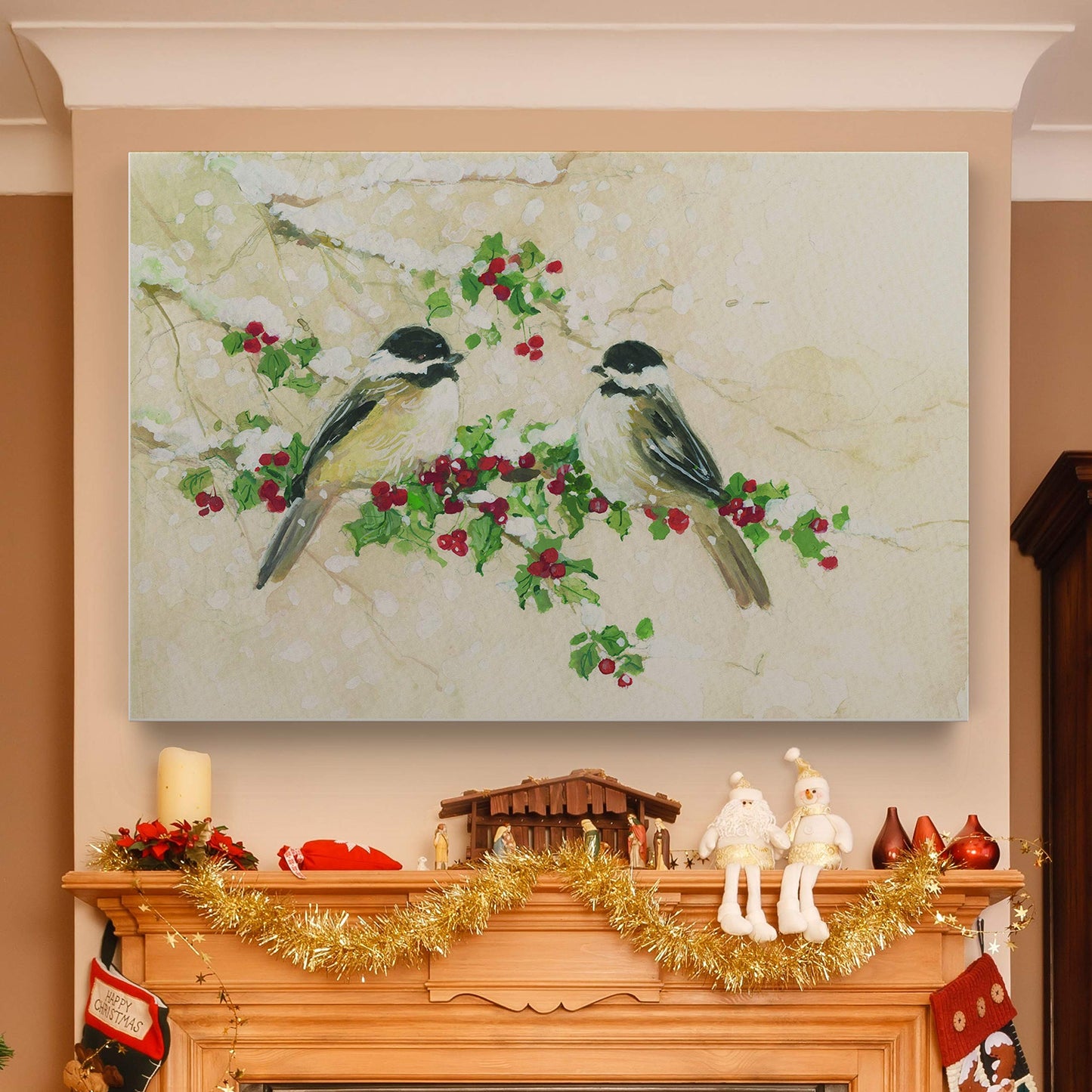 Renditions Gallery Christmas Decorations for Home Chickadees Birds and Holly Xmas Abstract Artwork Wall Hanging Paintings for Bedroom Dining Living Room Office Home Kitchen Wall Decor - 32"X48" LT18