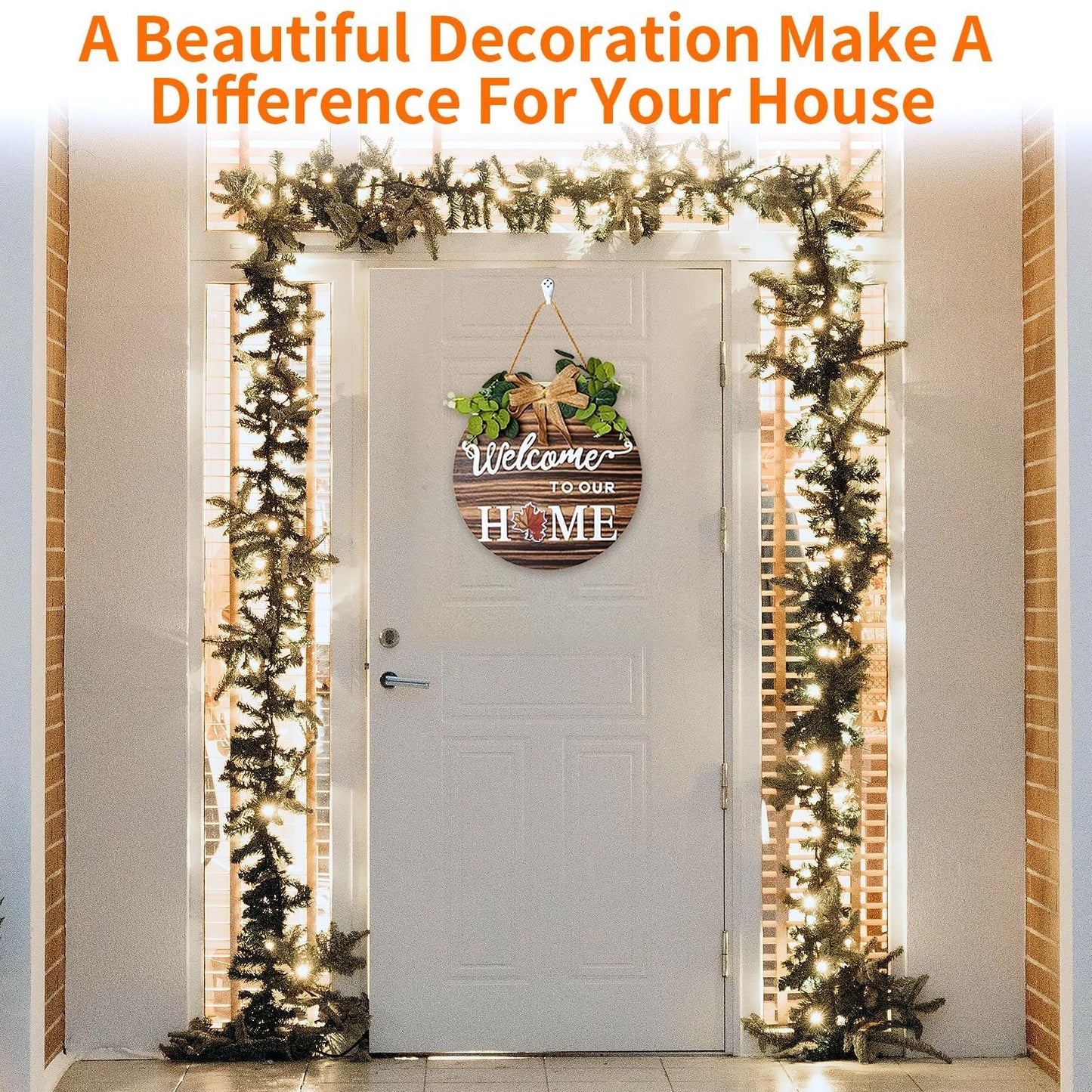 Welcome Sign For Front Door 3D Decor Interchangeable Seasonal Rustic Round Wooden Wreaths Wall Hanging Plaque Outdoor Farmhouse Porch for Spring Summer Fall All Seasons Holiday Halloween Christmas