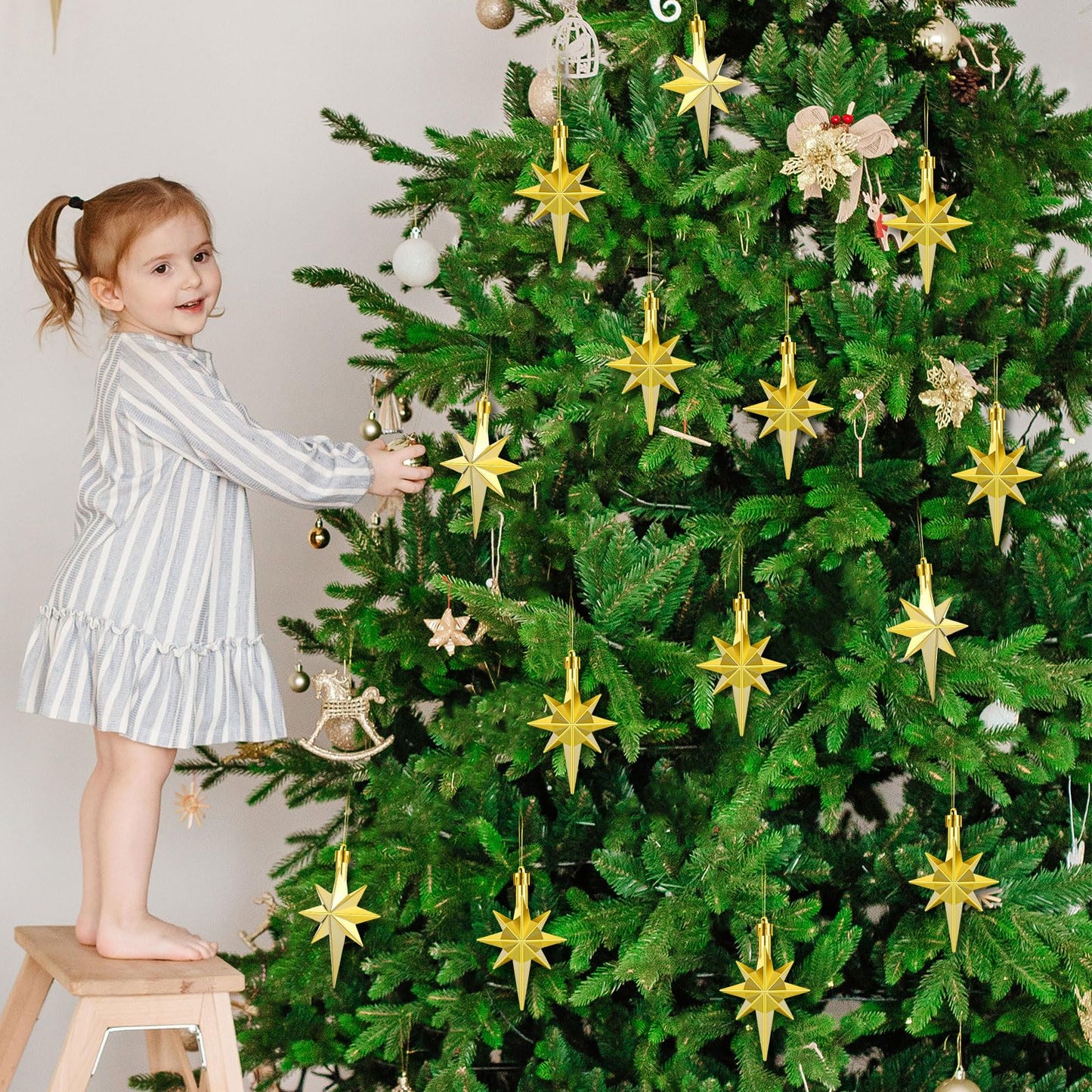 Syhood 12 Pcs Gold Christmas Bethlehem Star Ornament for Christmas Tree 3.14inch Bethlehem Star Ornament Plastic Hanging Gift Decor for Xmas Party