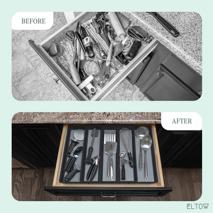 ELTOW Large Expandable Silverware Drawer Organizer, 8 Compartment Non-Slip & Adjustable Silverware Organizer for Drawer, Kitchen Organization for Utensils, Cutlery, Silverware Tray (Black)