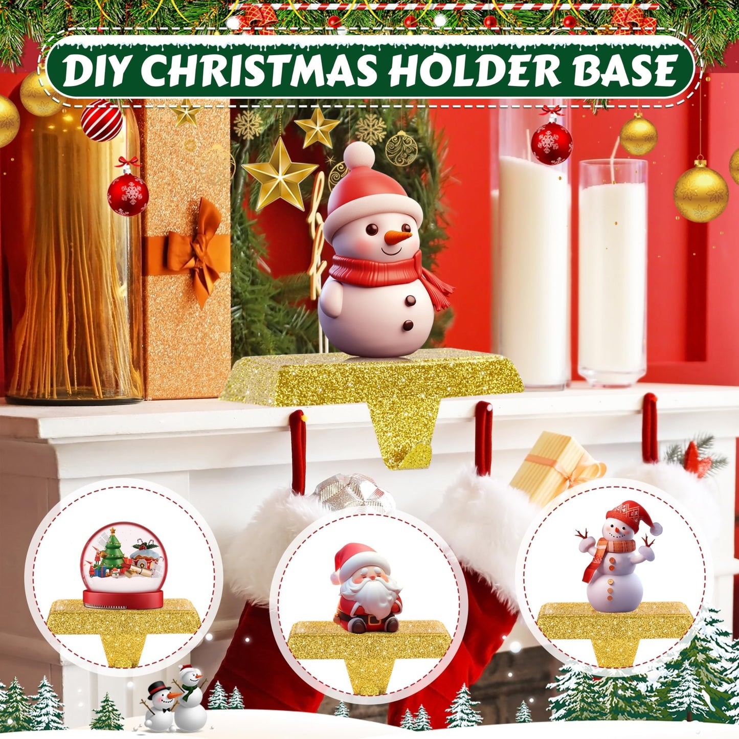 OCTERIC 4 Pack Shiny Glitter Christmas Stocking Holders, Heavy Duty Mantel Hangers Fireplace Hooks Grip Bases for Tables Window Decor Xmas Holiday Party Indoor Decoration (Gold)