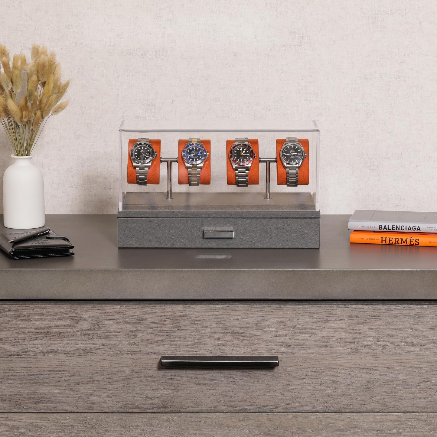 ROTHWELL Luxury Watch Display Case for 4 Watches – Leather Watch Box with Acrylic Cover and Removable Slide in Cushions – Accessory Drawer with Multiple Configurations (Grey/Orange)