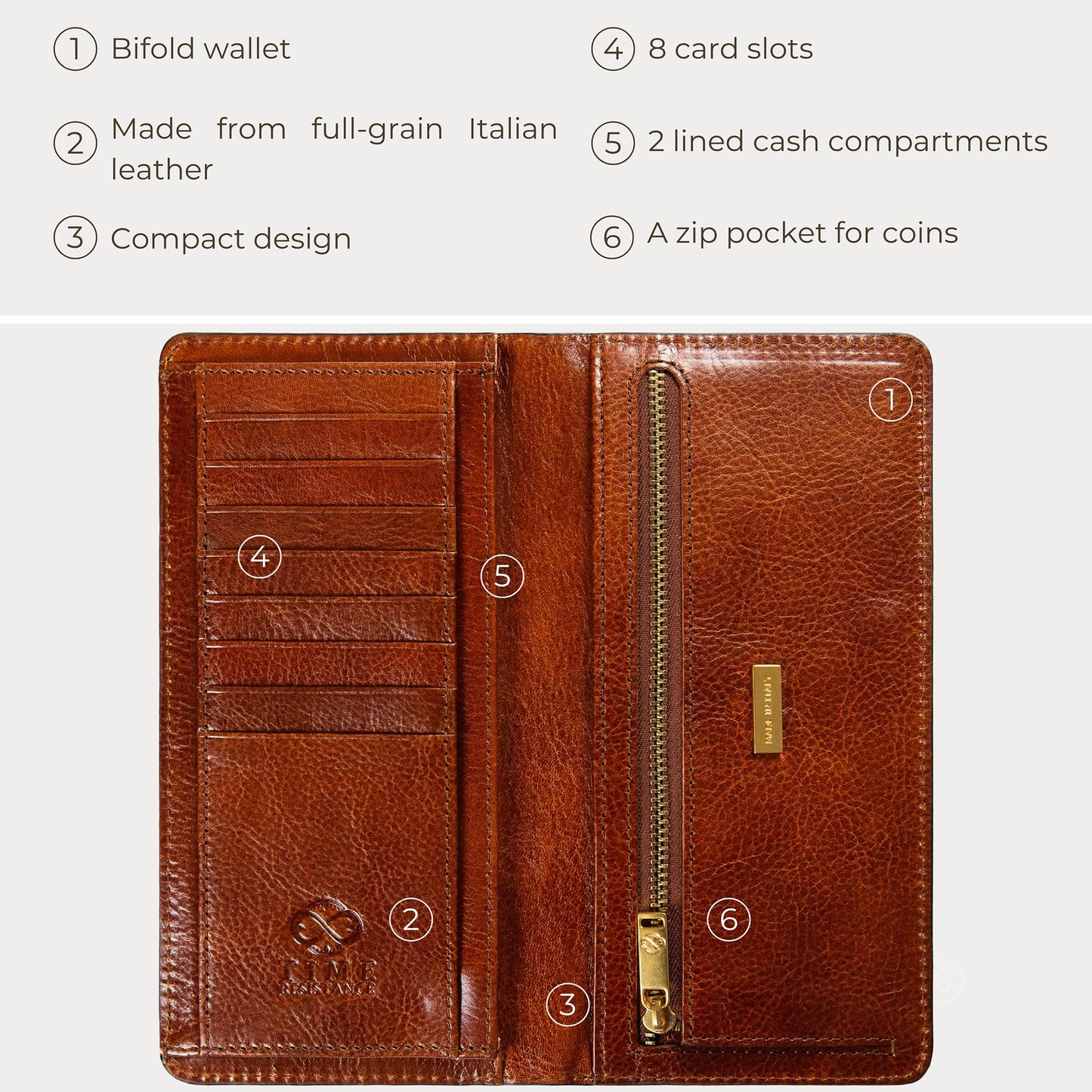 Time Resistance Long Leather Wallet - Bifold Mens Suit Leather Wallet - Checkbook Wallet - Tall Billfold Card Wallet - Slim Wallet Made in Italy (Cognac Brown)