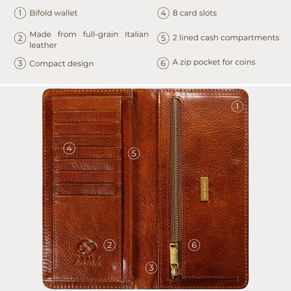 Time Resistance Long Leather Wallet - Bifold Mens Suit Leather Wallet - Checkbook Wallet - Tall Billfold Card Wallet - Slim Wallet Made in Italy (Cognac Brown)