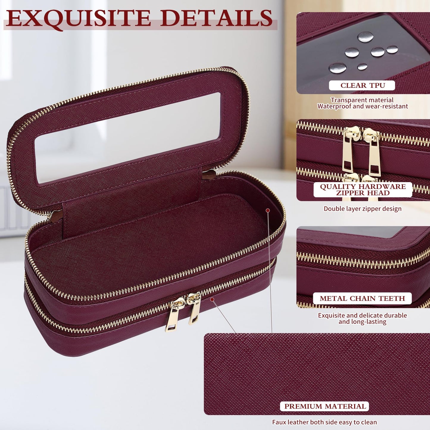 LOFOWN Double Layer Makeup Bag Makeup Brush Case Waterproof Travel Cosmetic & Toiletry Bag Purse Organizer and Car Essentials for Women (Burgundy, 2-Layer SLIM)