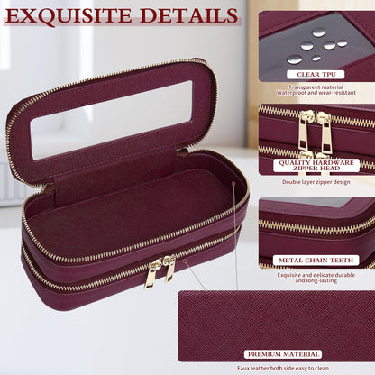 LOFOWN Double Layer Makeup Bag Makeup Brush Case Waterproof Travel Cosmetic & Toiletry Bag Purse Organizer and Car Essentials for Women (Burgundy, 2-Layer SLIM)