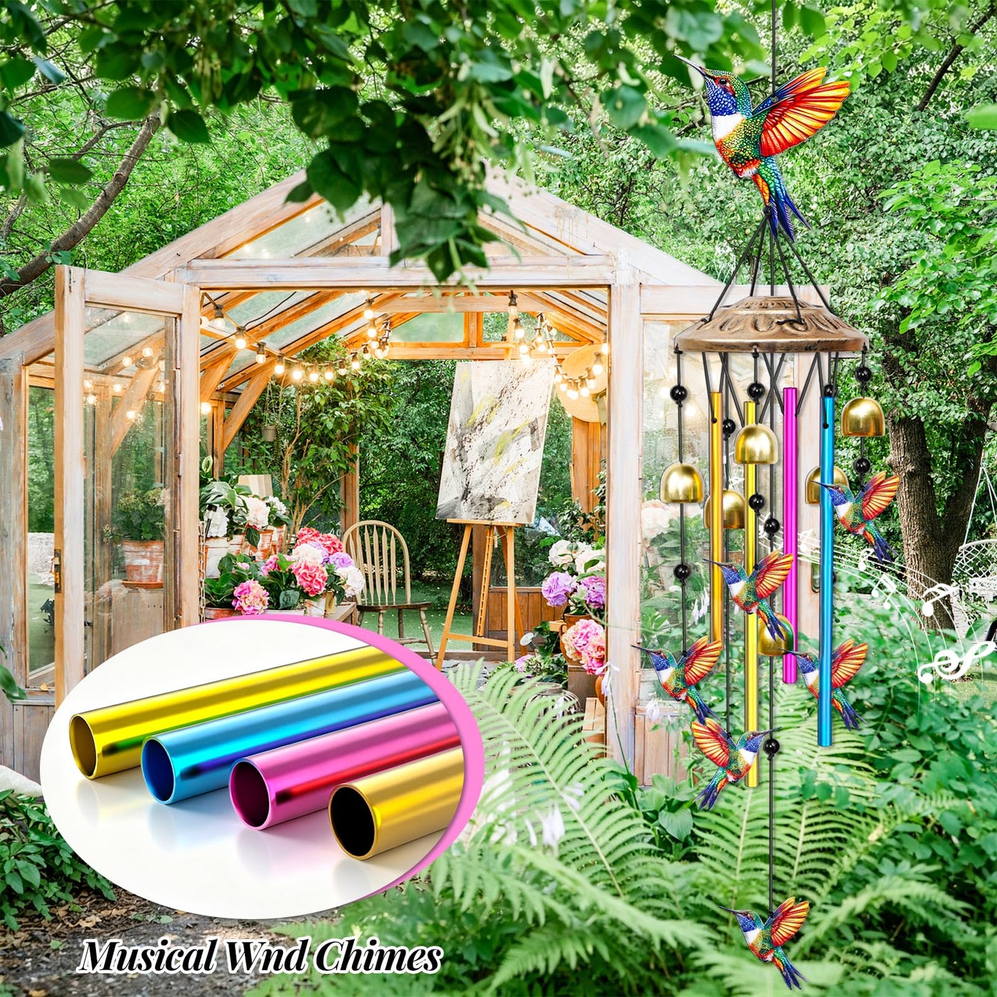 VeyFolzin.st 35" Wind Chimes for Outside, Hand-Tuned Aluminum Windchimes with 6 Bells & Hummingbird Decor, Rustproof Metal Chimes for Garden Patio Porch, Sympathy Memorial Gift(Hummingbird)