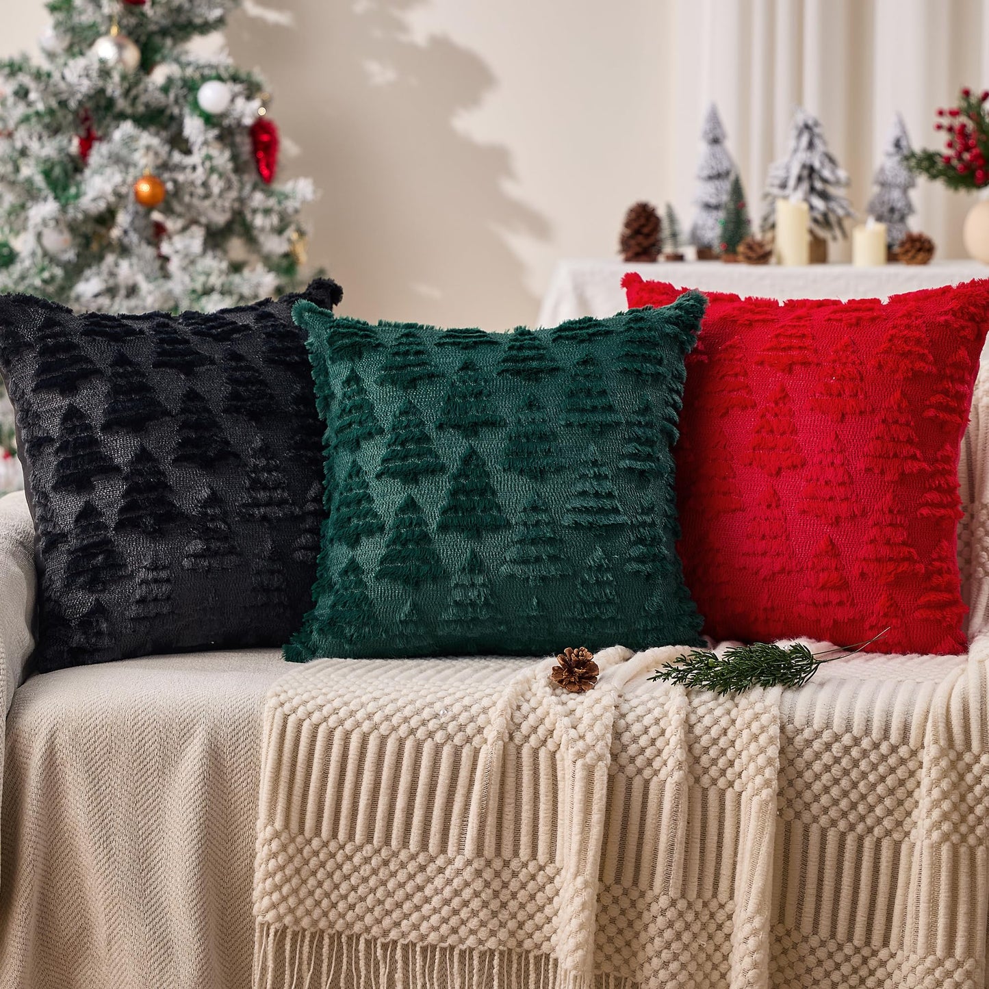 Allorry Christmas Pillow Covers 18x18 Set of 2 Christmas Decoration Black Xmas Tree Pillow Cases Plush Faux Fur Soft Cushion Case for Winter Xmas Holiday Home Bedroom Sofa Decors SY-003-J18