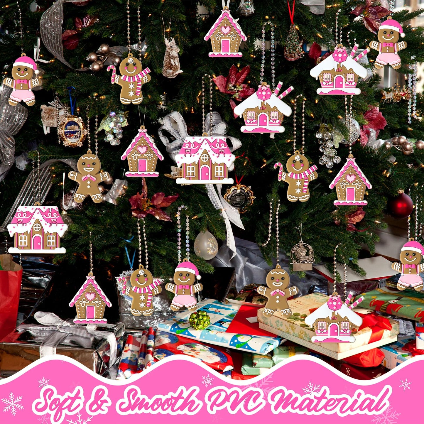 Threehoney 18 Pcs Pink Gingerbread Man Ornaments for Christmas Tree Pink Gingerbread House Candy Cane Pendant Charm Cute Plastic Christmas Decoration Hanging Party Decor for Xmas Winter Party Supplies