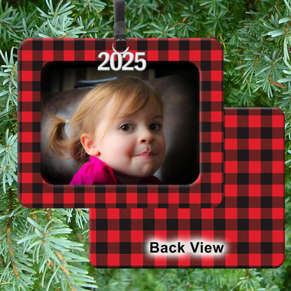Expressly Yours! Photo Expressions 2025 Photo Ornaments for Christmas Tree, Christmas Picture Frame Ornament, Easy-Load Magnetic Frame with Ribbon, Charm & Photo Protector, Horizontal Buffalo Plaid