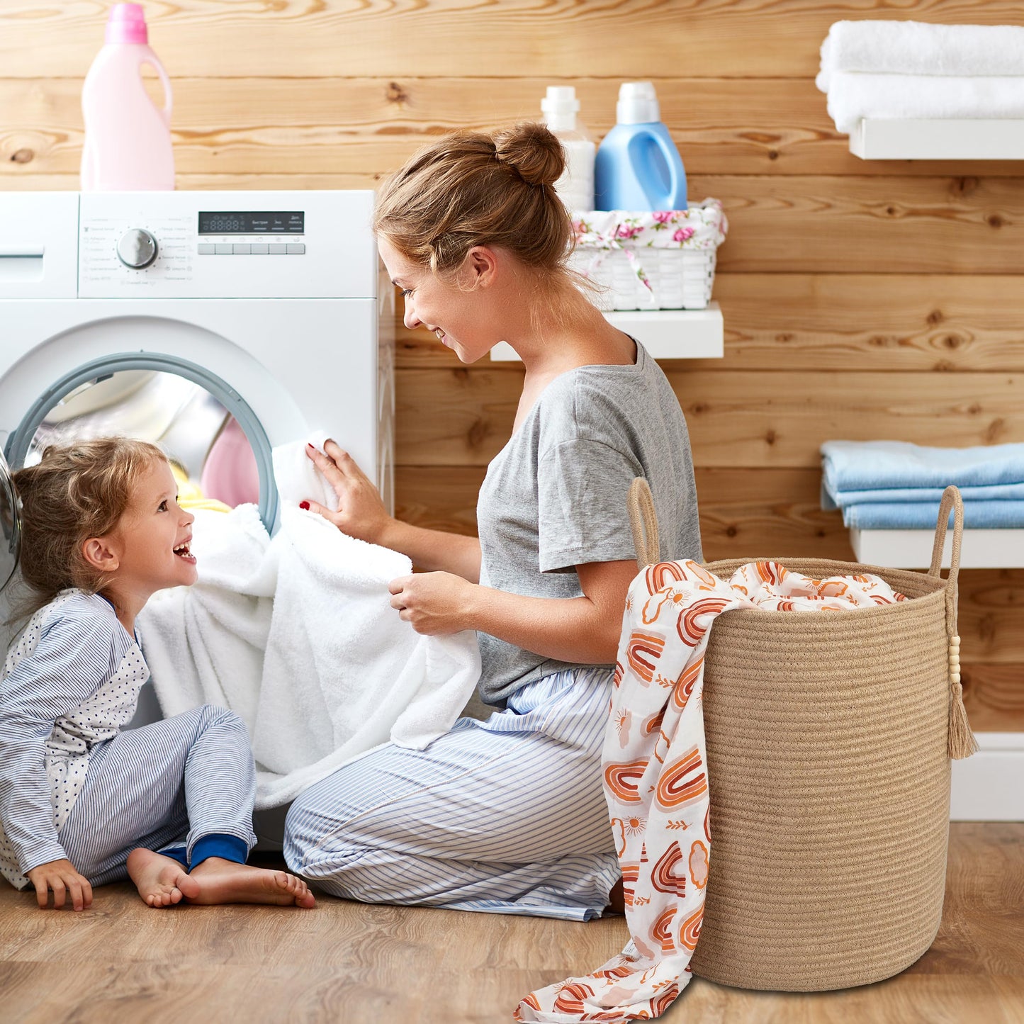 XUANGUO Rope Laundry Basket Laundry Hamper for Clothes Woven Storage Basket for Living Room Bedroom Boho Tall Rope Baskets for Blanket Toys Pillow Towels Baby Nursery Hamper Bin jute