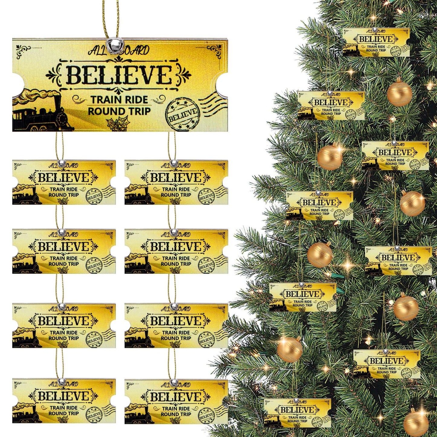 Mizelu 30 Set Christmas Polar Golden Wooden Tickets, North Pole Train Ticket Ornaments with Bells and Ropes, Christmas Believe Train Decoration for Xmas Holiday Party Favor Supplies (Golden)