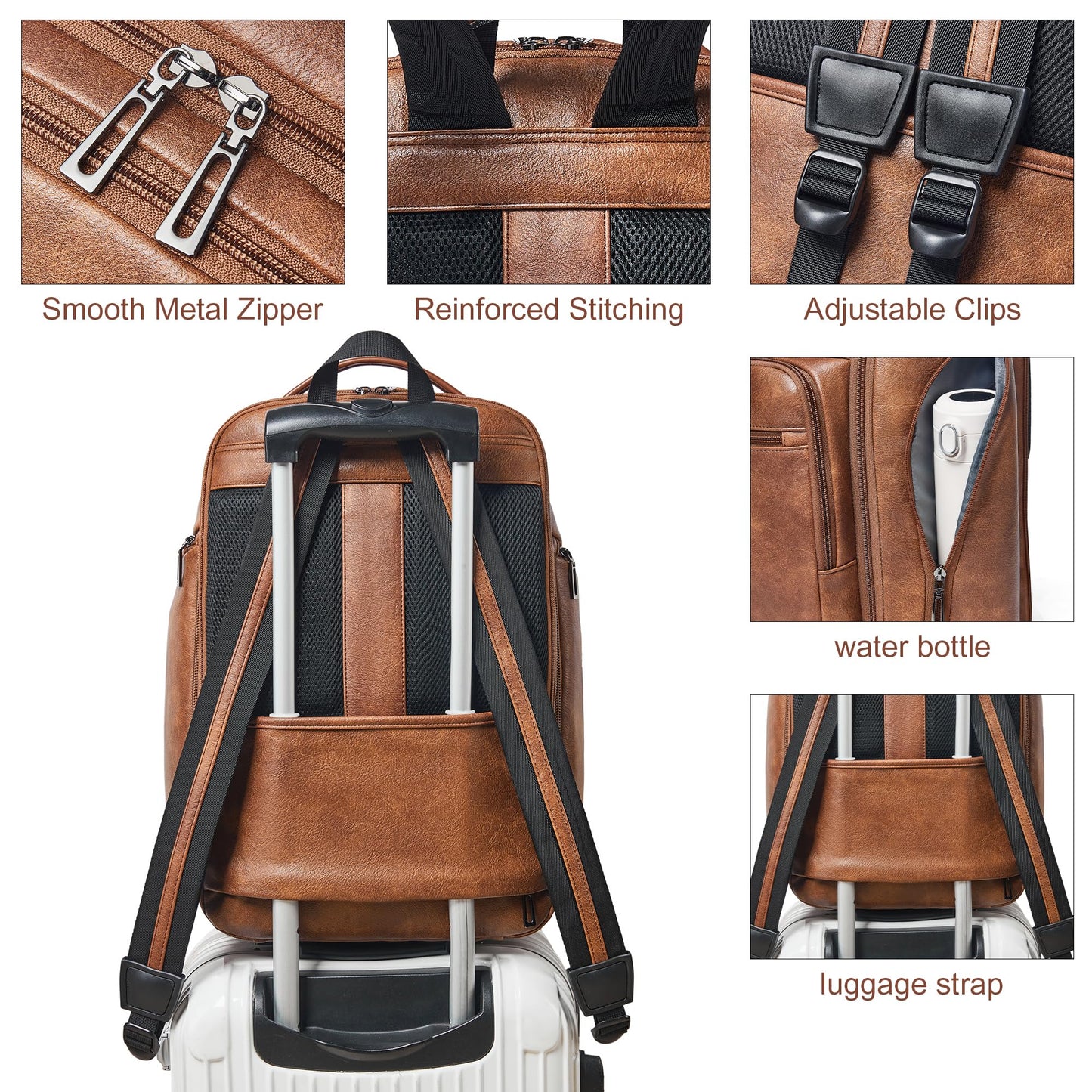 tiamyi Vegan Leather Backpack, 40L Expandable, TSA Travel Backpack for Men and Women, Fits 17.0 Inch Notebook with Luggage Strap and USB Port, Brown