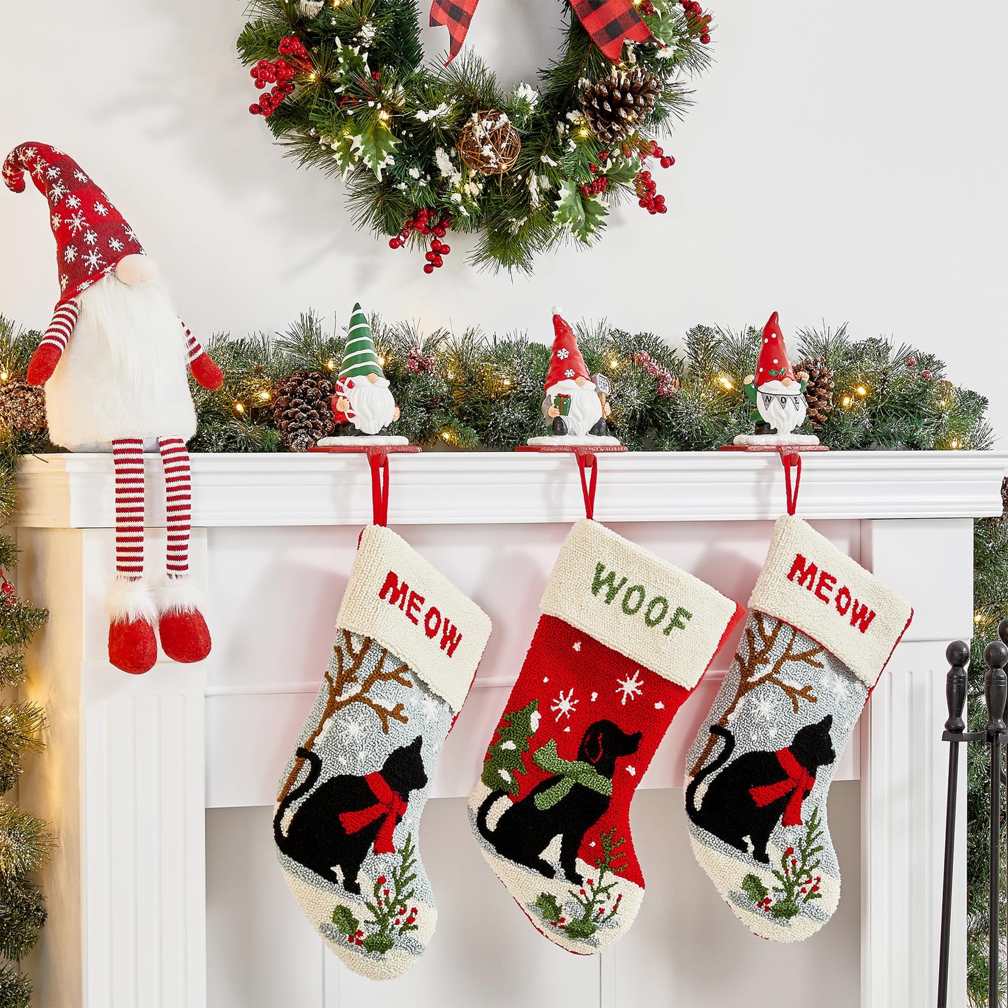 Glitzhome Christmas Stocking Holder, Set of 3 Resin Gnomes Sock Hangers Festive Gnome Figurines with Metal Base for Mantel, Fireplace, Shelf, Holiday Home Decor