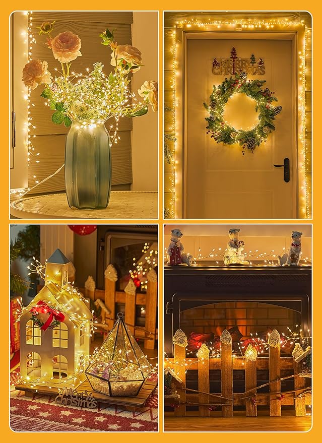 Flowing Fairy Lights Plug in with 14 Modes, 10FT 388LED Twinkle Firecrackers String Lights Indoor, Christmas Tree Cluster Lights Waterproof for Bedroom Garland Christmas Decor, Warm White