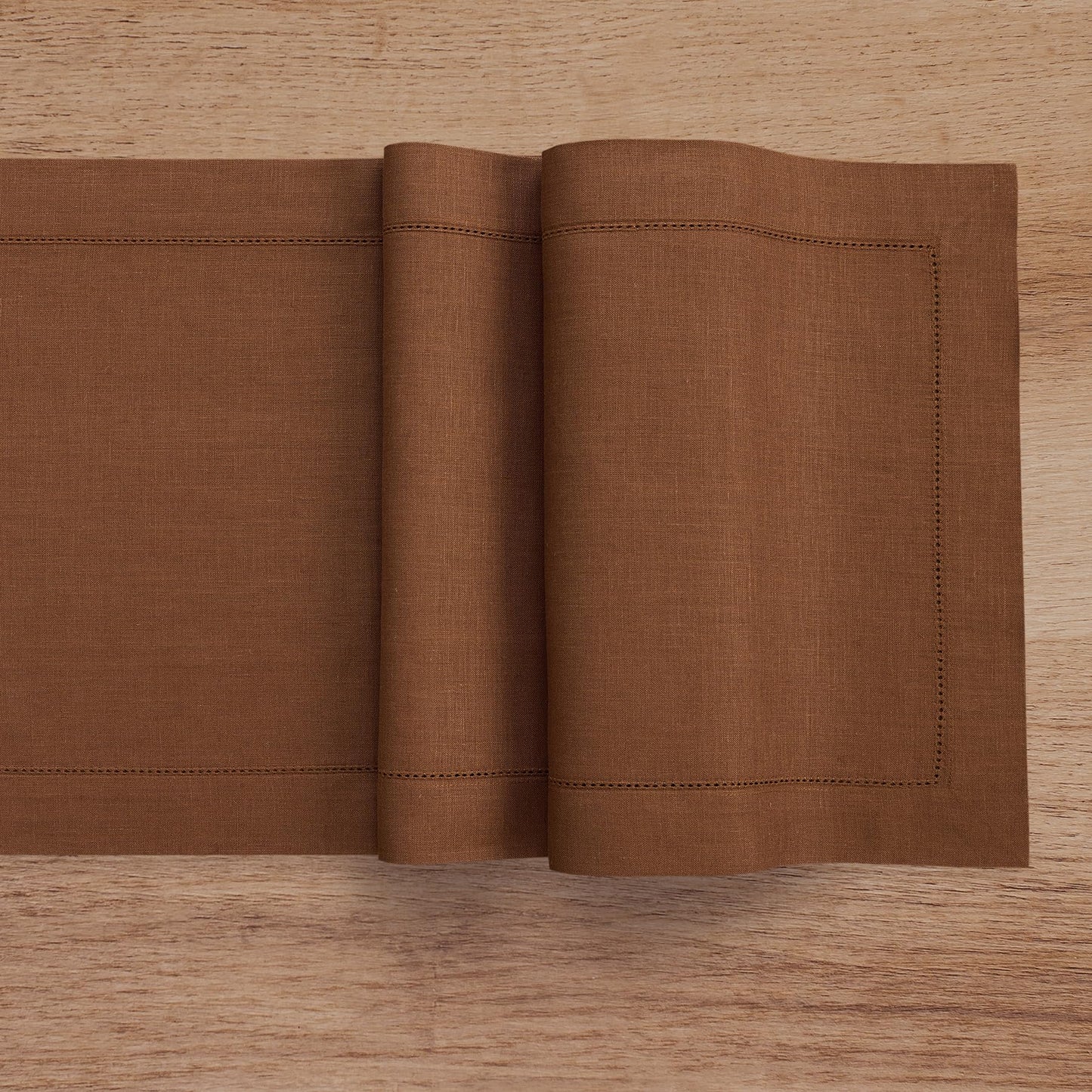 Solino Home Linen Brown Table Runner 72 Inches Long - 100% Pure Linen Hemstitch Table Runner 14 x 72 Inch for Dresser, Dining - Classic Hemstitch