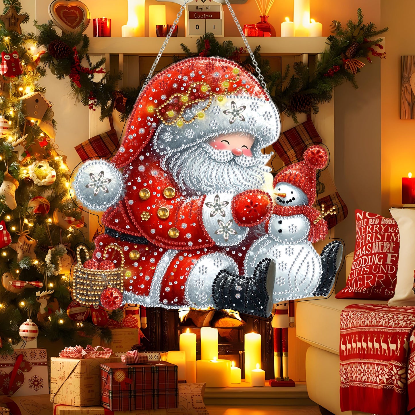 JJFox Diamond Art Hanging Kit for Adult,Special Shaped Rhinestone,DIY Acrylic 5D Diamond Art Painting Window Pendants Home Garden Wall Hanging Kits Hanging Ornament,Double Sided. (Father Christmas)
