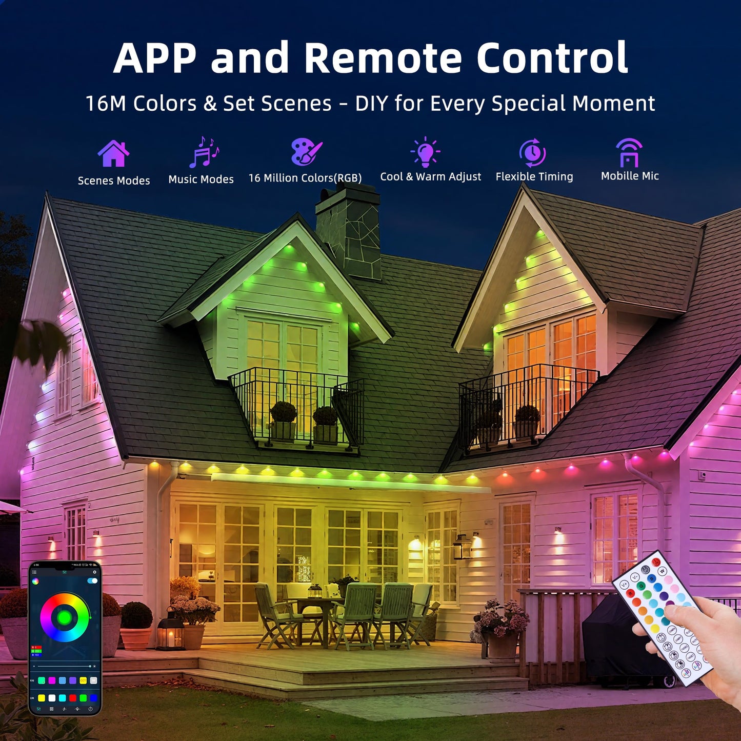 MaweMe 150FT Permanent Outdoor Lights for House,RGB LED Eaves Lights with IP67 Waterprooff, Smart App Remote Control, Music Sync, for Christmas,Daily & Holiday Party Decor