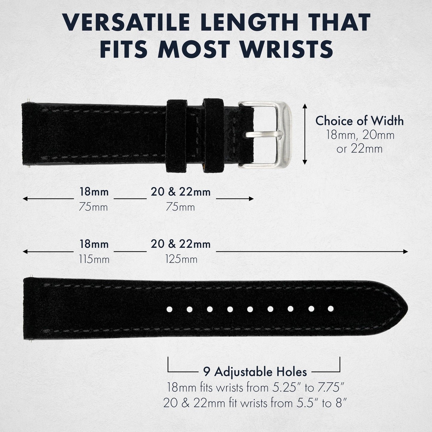 Benchmark Suede 18mm Leather Watch Band – 18mm Quick Release Watch Band with Stainless-Steel Buckle & 9 Adjustable Holes – Black Leather Watch Bands for Men & Women (18mm, Black)