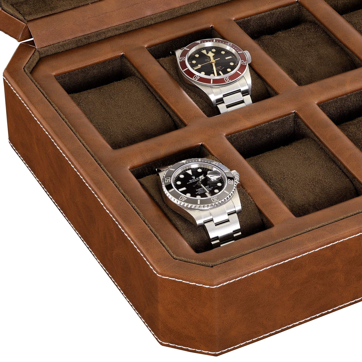 ROTHWELL 12 Slot Leather Watch Box - Luxury Watch Case Display Organizer, Microsuede Liner, Locking Mens Jewelry Watches Holder, Men's Storage Boxes Holder Large Glass Top (Tan/Brown)